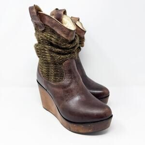 Bed Stu Brown Leather Bruges Wooden Wedge Boots Size 7.5 Pull On Made in Mexico